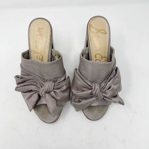 Sam Edelman Womnes 6.5 Silver Yumi Open Toe Mule Block Heel Bow Slip On Fabric - Picture 4 of 13